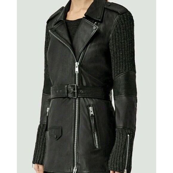 ALL SAINTS Denell Leather Knit Biker Moto Coat Jacket Size 4 - Picture 1 of 13